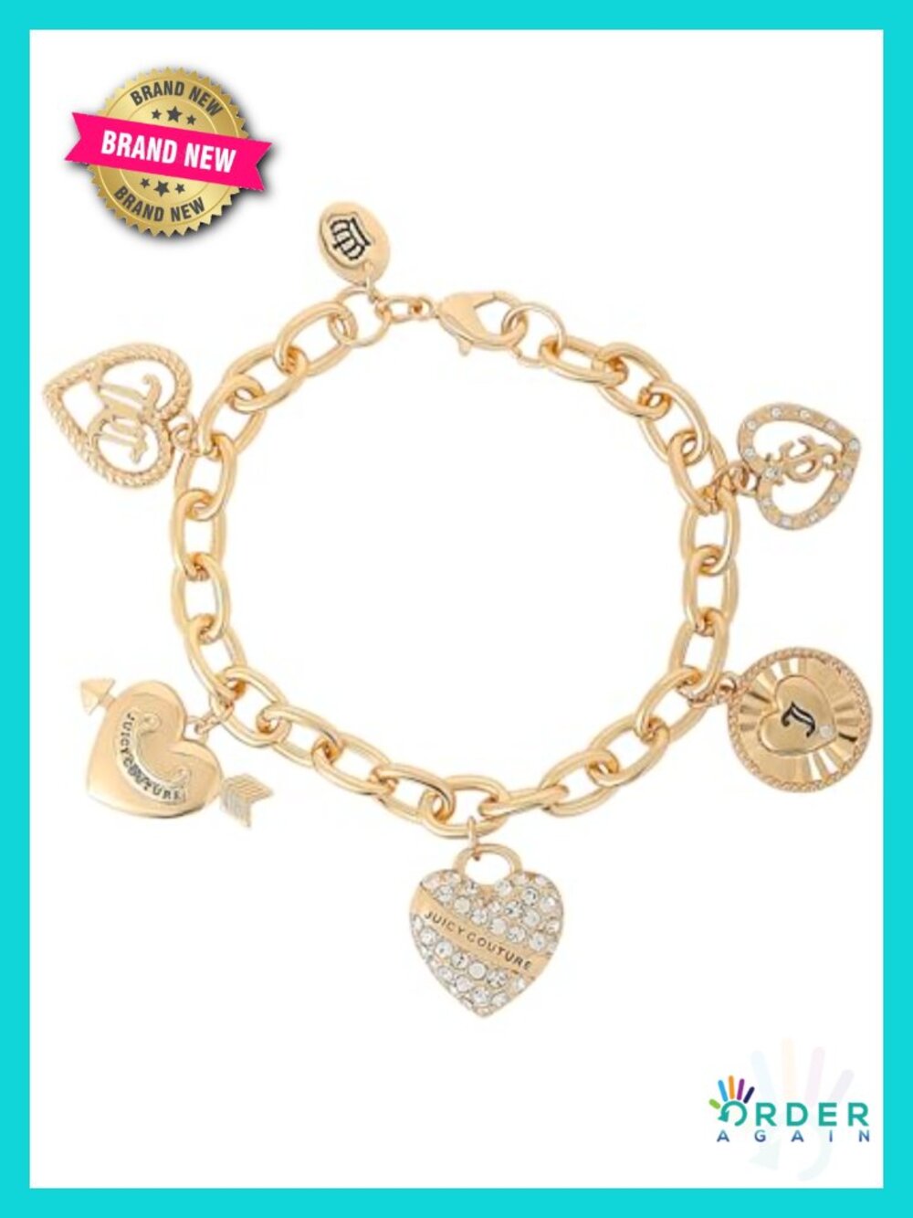 Gold-Tone Charm Bracelet Women 5 Heart Charms 7.5-8 Inch Lobster Clasp